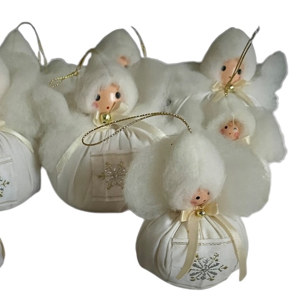 Vintage White Handmade Snow Angel Christmas Ornaments Set of 10 - Picture 3 of 12